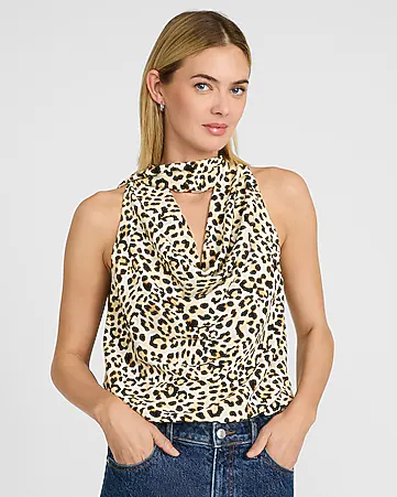 Leopard Cowl Neck Scarf Draped Top