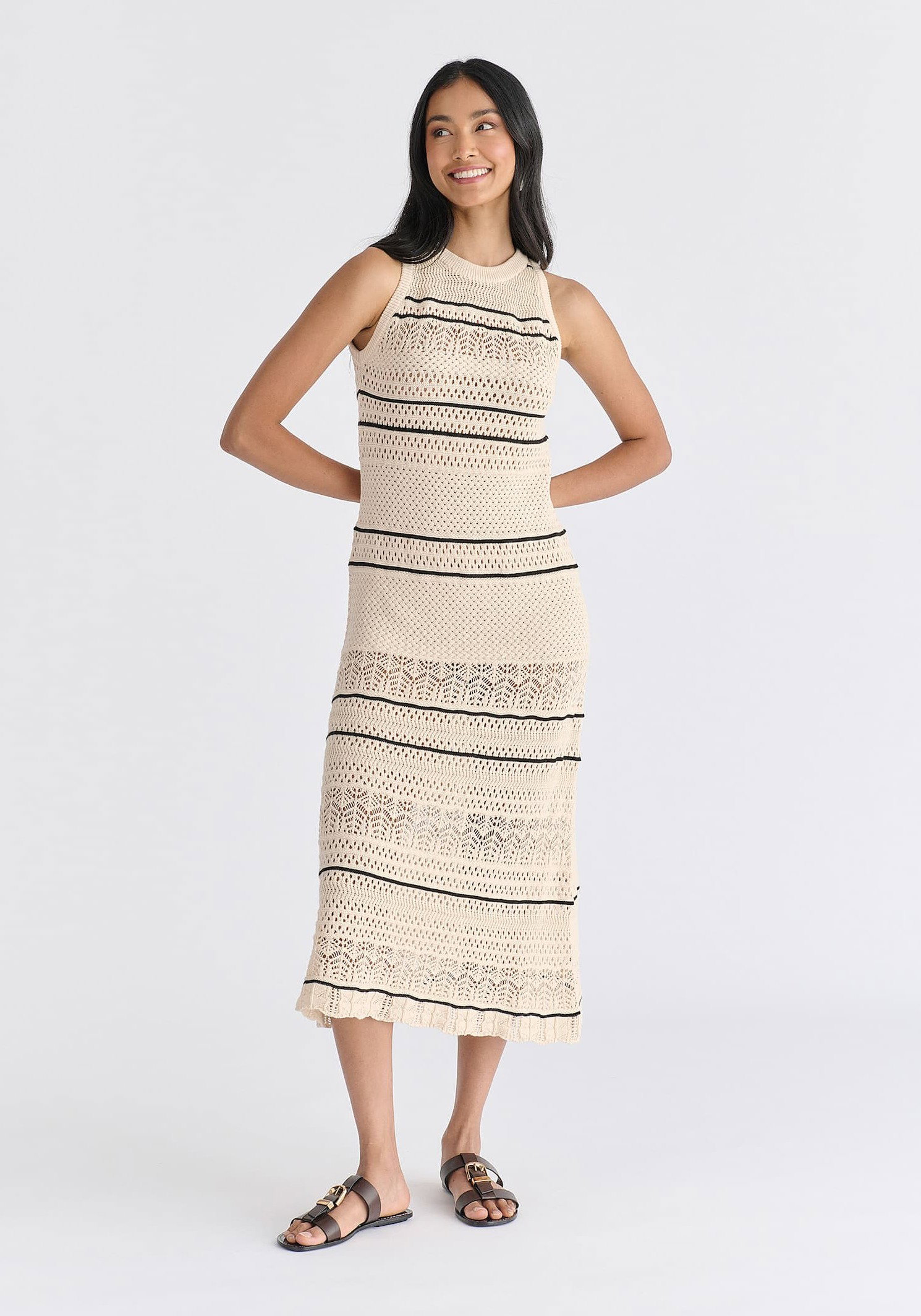 Contrast Detail Pointelle Knitted Dress in Beige