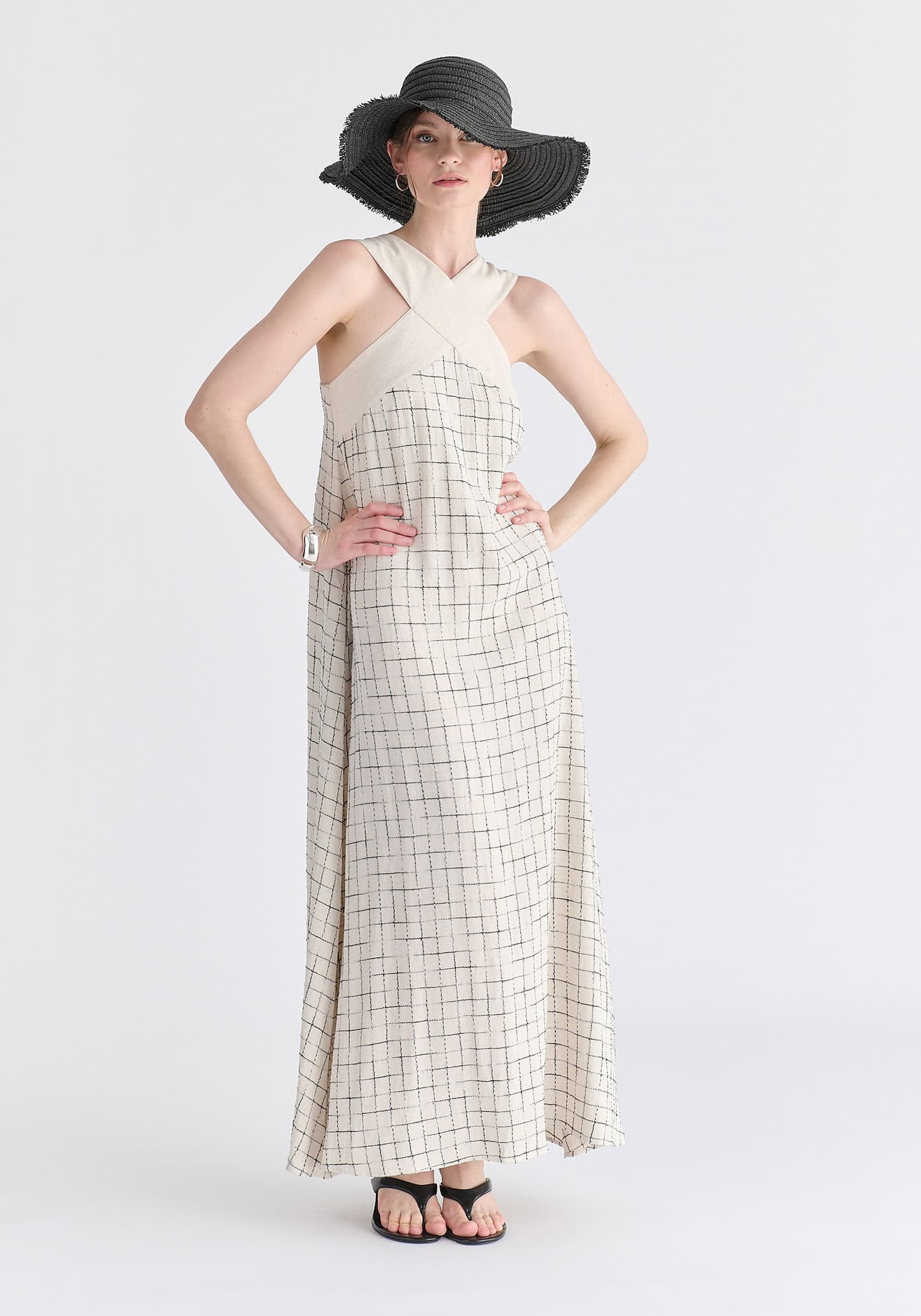 Cross Strap Halterneck Maxi Dress in Oatmeal and Black