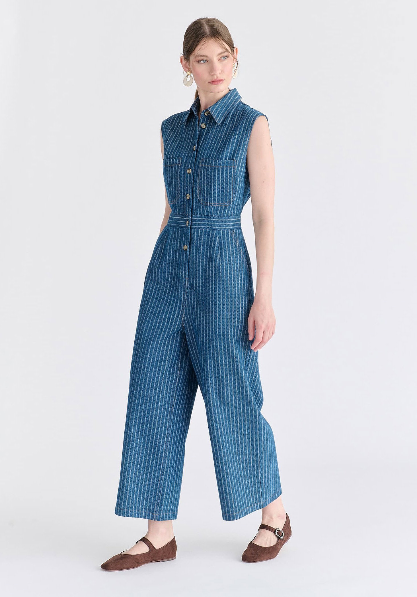Wide Leg Denim Jumpsuits in Stripes
