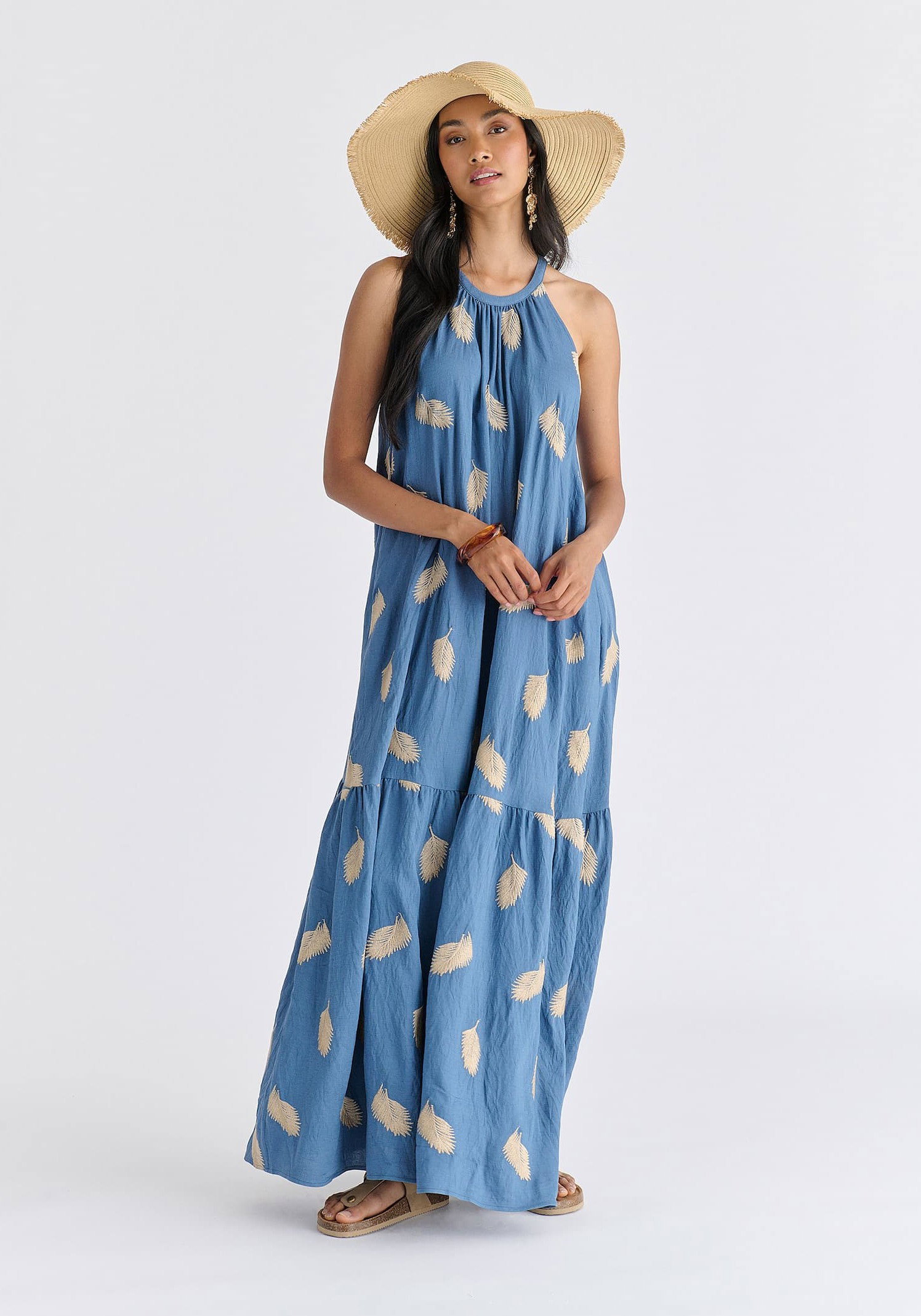 Leaf Embroidered Halterneck Maxi Dress in Blue