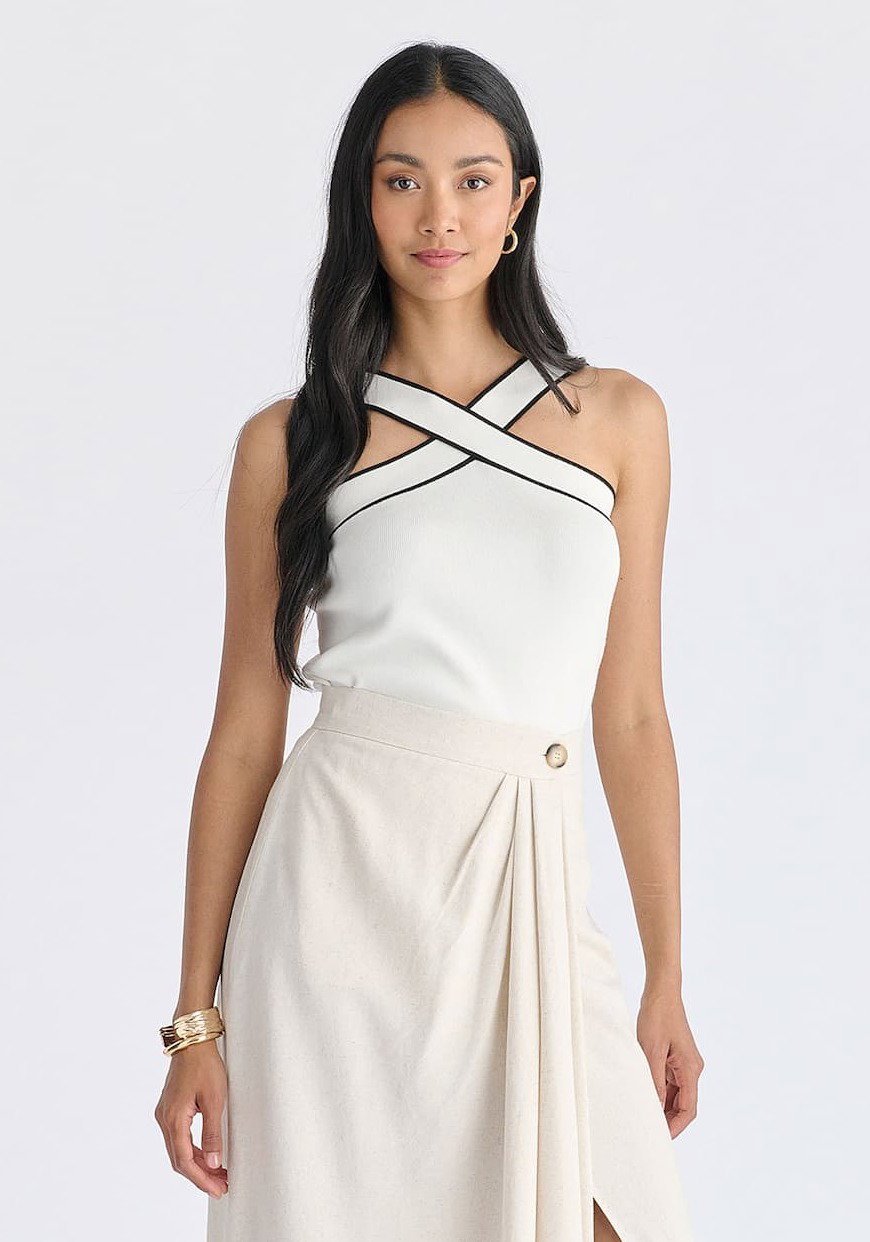 Contrast Detail Crisscross Halterneck Knit Top in White