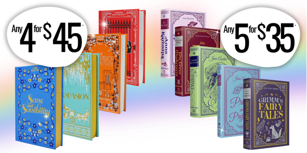 Book Outlet graphic promoting collectible editions with offers including any 4 books for $45 and any 5 books for $35, featuring classics such as Sense and Sensibility, Persuasion, Pride and Prejudice, and Grimm’s Fairy Tales.