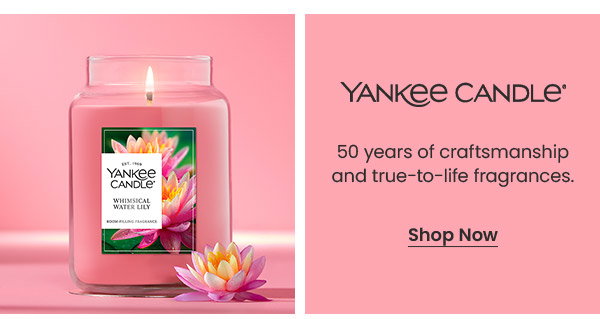 Yankee Candle whimsical water lily jar with lotus flowers, text about 50 years of craftsmanship and true-to-life fragrances, shop now button.