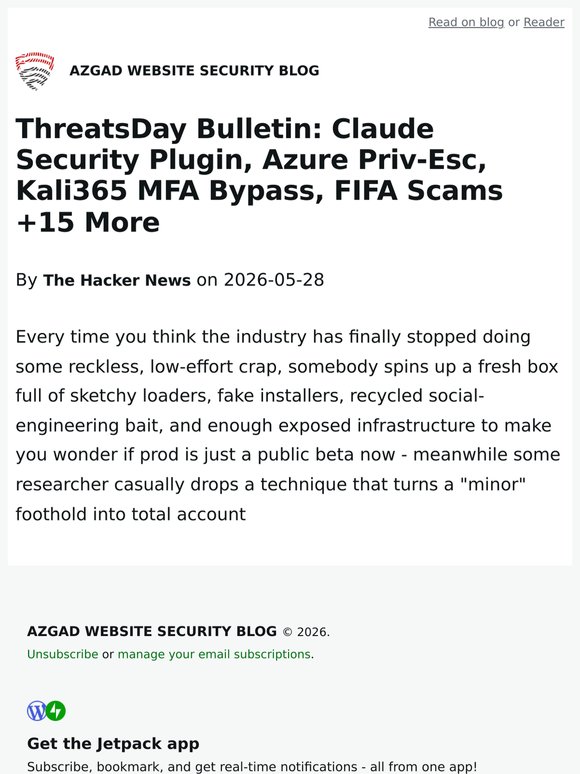 ThreatsDay Bulletin: Claude Security Plugin, Azure Priv-Esc, Kali365 MFA Bypass, FIFA Scams +15 More