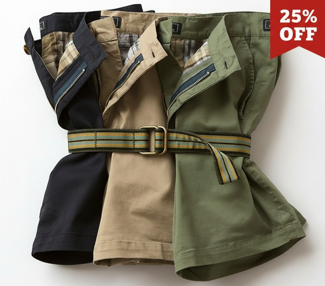 Three pairs of folded shorts in black, tan, and green, cinched with a striped belt.