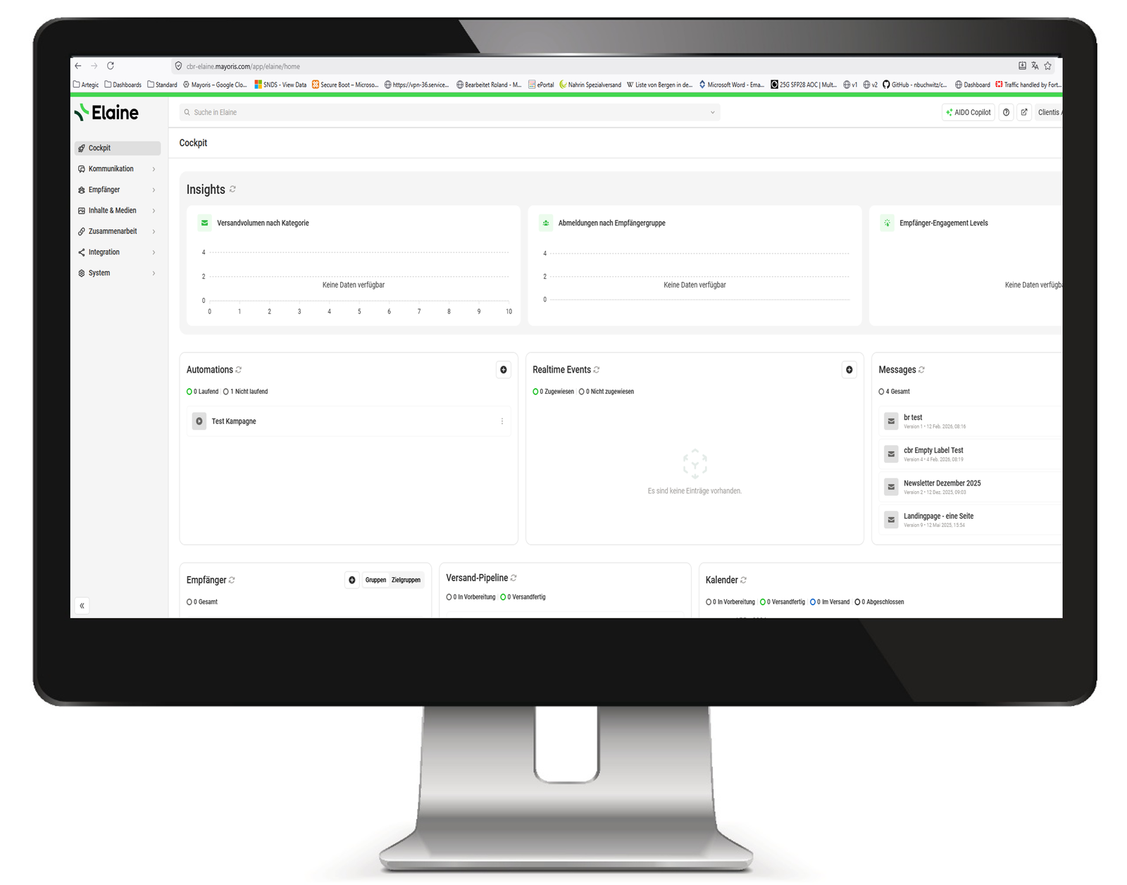 Computerbildschirm mit Elaine‑Dashboard (Cockpit mit Insights, Automationen und Nachrichten).