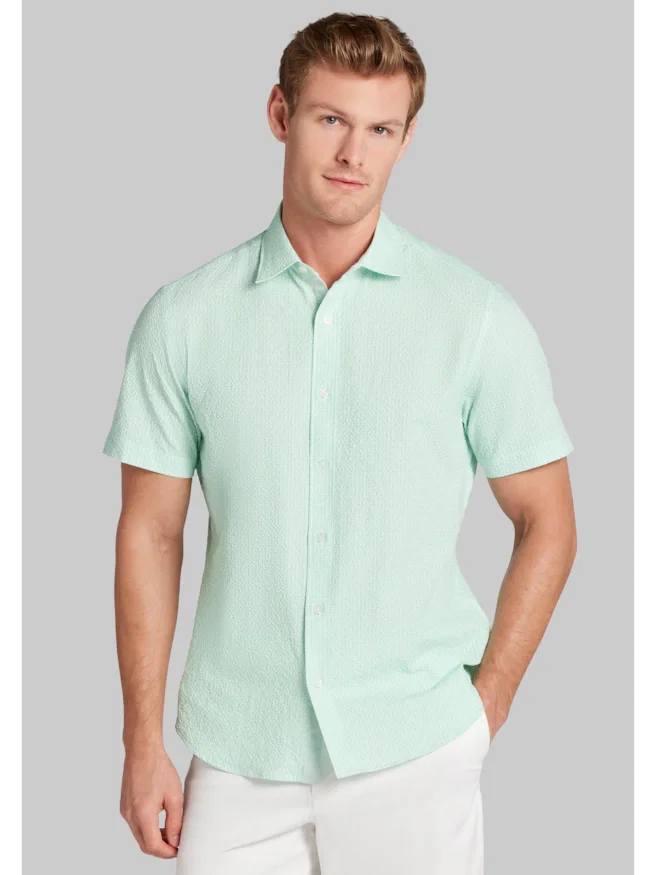 Con.Struct Slim Fit Solid Seersucker Short Sleeve Button Up Shirt
