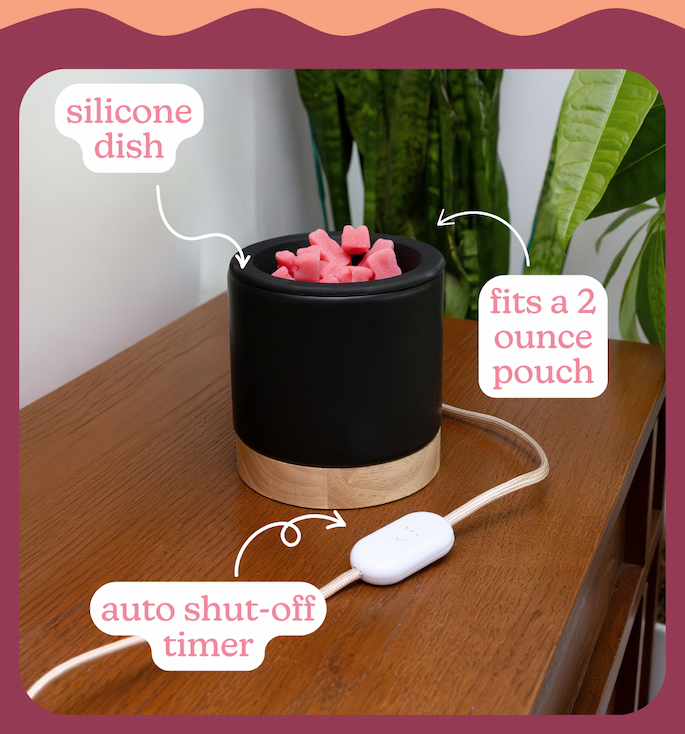 silicone dish. fits a 2 ounce pouch. auto shut-off timer. 