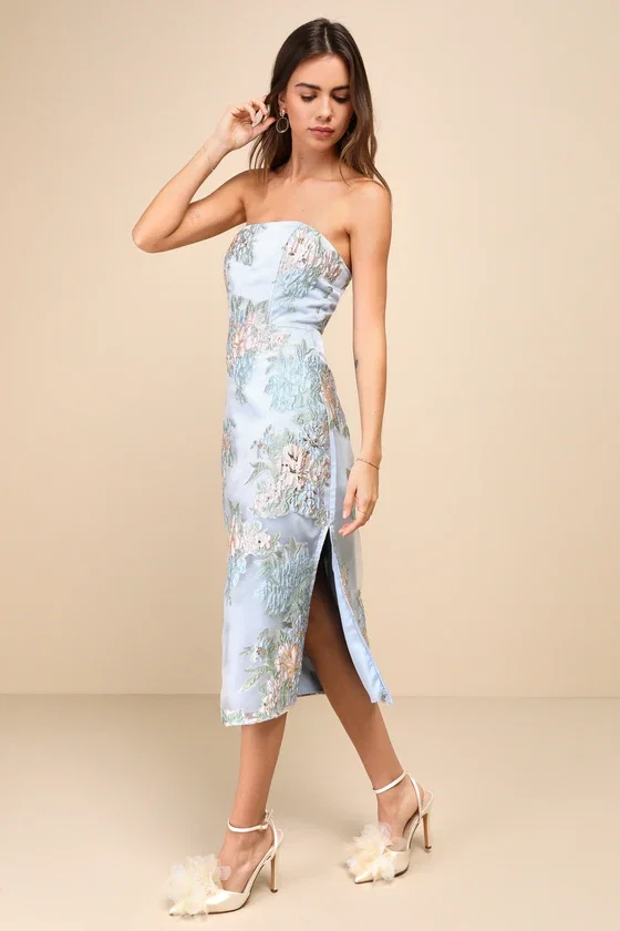 Image of Upgraded Event Blue Jacquard Strapless Bustier Midi Dress
