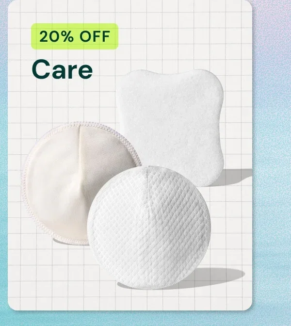 Assorted reusable and disposable nursing pads with 20% OFF Care text.