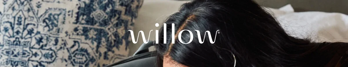 Willow logo over a lifestyle background image of a woman resting