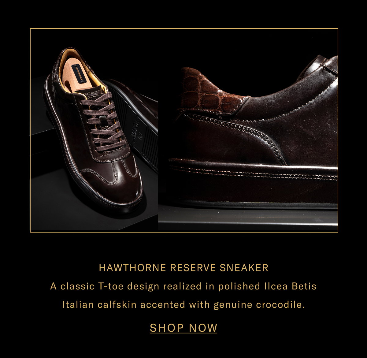 Click Here To Shop The Hawthorne Reserve Sneaker - A Classic T-toe Design Realized In Polished Ilcea Betis Italian Calfskin Accented With Genuine Crocodile. Click Here To Shop Now.