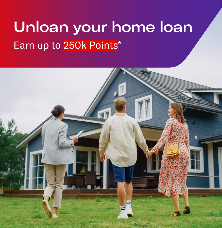 Three people walking in front of a home. Headline: Unloan your home loan. Earn up to 250k Points