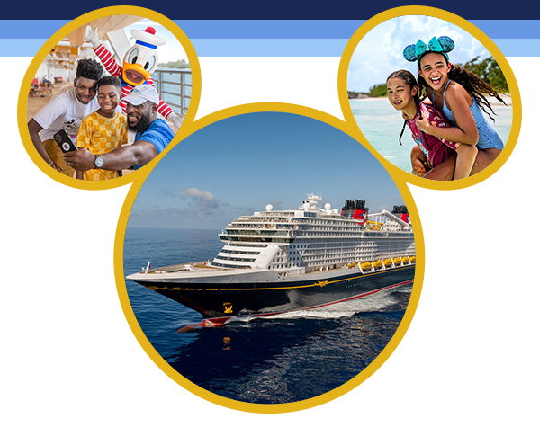 Three circles arranged into a Mickey Mouse head. In the circles, there are a ship, two girls playing on the beach and a family taking a photo with Donald Duck.