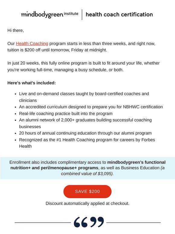 $200 off ends tomorrow — and we start in 3 weeks