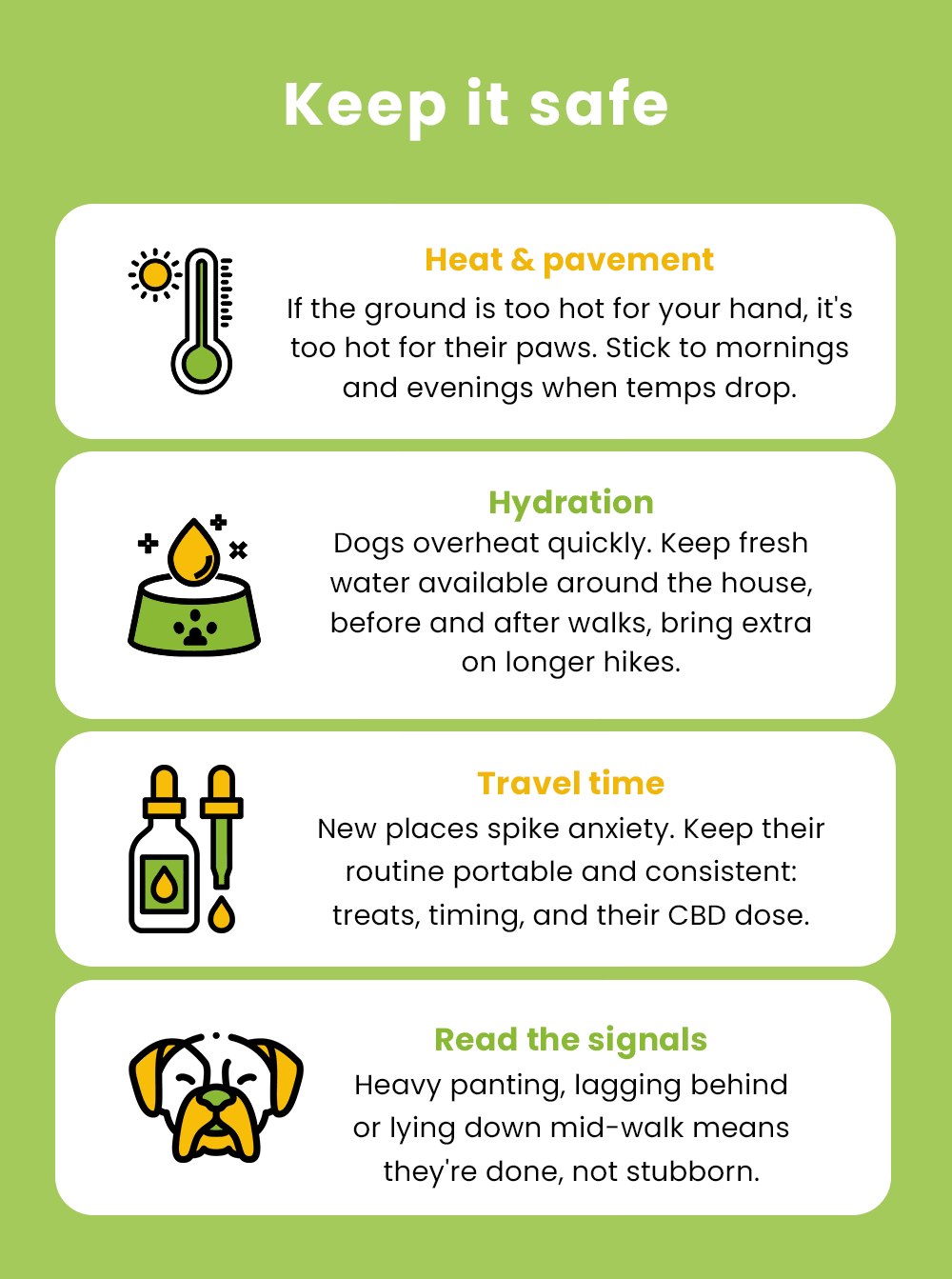 Keep it safe. Heat & pavement: If the ground is too hot for your hand, it's too hot for their paws. Hydration: Keep fresh water available around the house, before and after walks, bring extra on longer hikes. Travel time: Keep their routine portable and consistent: treats, timing, and their CBD dose. Read the signals: Heavy panting, lagging behind or lying down mid-walk means they're done, not stubborn.