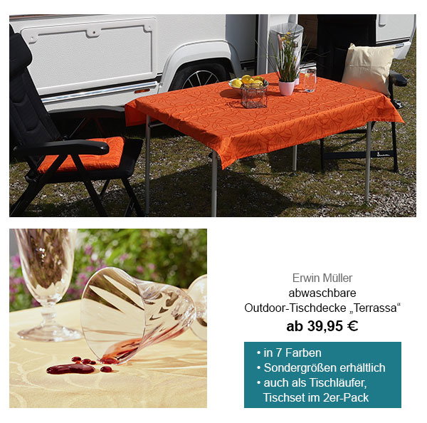 Erwin Müller abwaschbare Outdoor-Tischdecke "Terrassa" ab 39,95€! In 7 Farben, Sondergrößen erhältlich, auch als Tischläufer, Tischset im 2er-Pack. 
