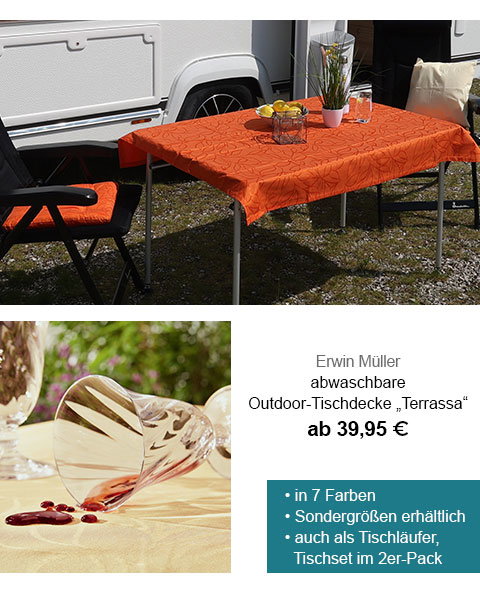 Erwin Müller abwaschbare Outdoor-Tischdecke "Terrassa" ab 39,95€! In 7 Farben, Sondergrößen erhältlich, auch als Tischläufer, Tischset im 2er-Pack. 