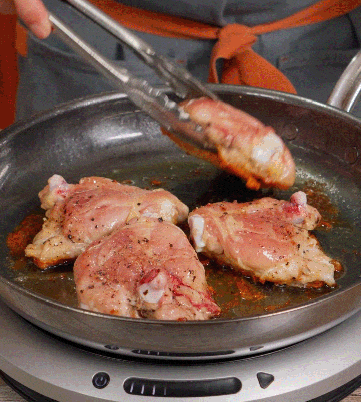 GIF: Philip Lemoine cooking chicken using the Hestan NanoBond skillet