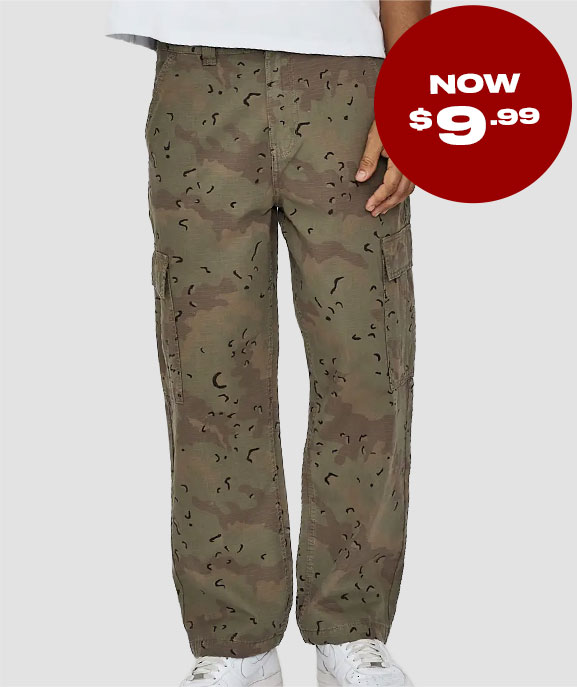 Baggy Fit Camo Ripstop Cargo Pant in Camo. Now $9.99.