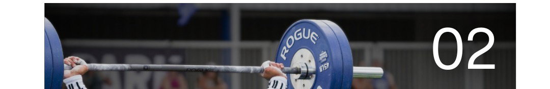 Rogue brand barbell with blue weight plates and the number 02 displayed on the right