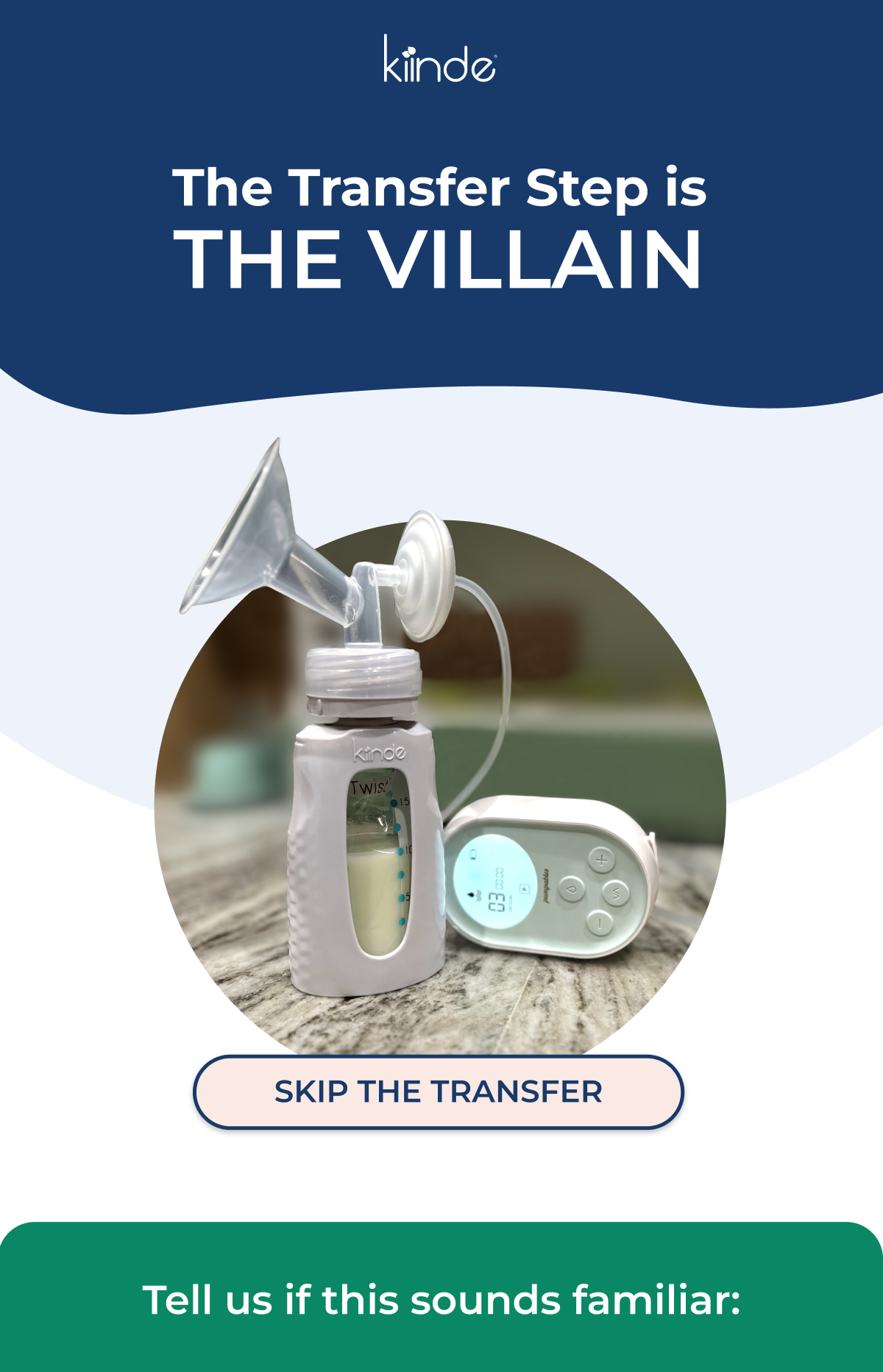Header Text says "The Transfer Step is THE VILLAIN" with an image of the Kiinde pouch inside the body of a Kiinde Twist bottle, all directly connected to a breast pump. Button says "Skip the Transfer". Header at the bottom says "Tell us if this sounds familiar." 