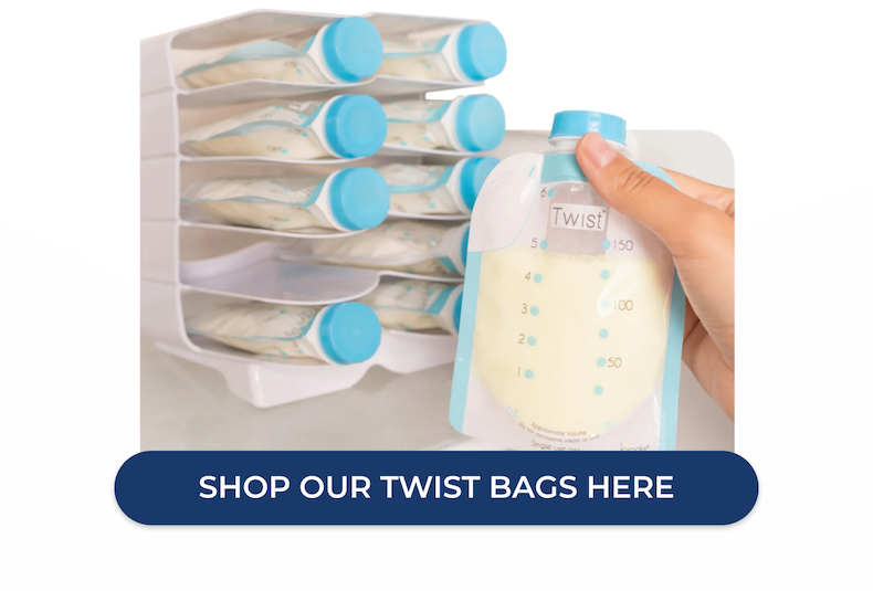 Image of Kiinde Pouches stored in a Kiinder Keeper organizer with a hand holding a Kiinde pouch. Below the image is a button that says "SHOP OUR TWIST BAGS HERE"