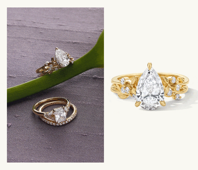 Rotating images of a white calla lily flower & diverse gold & diamond emerald, pear-shaped rings & eternity band.