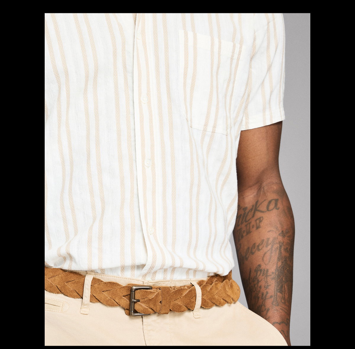 Model wears Billy Reid father's day shirting.