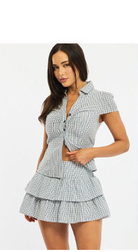 Blue Check Button Up Shirt Short Sleeve Collared Tie Back