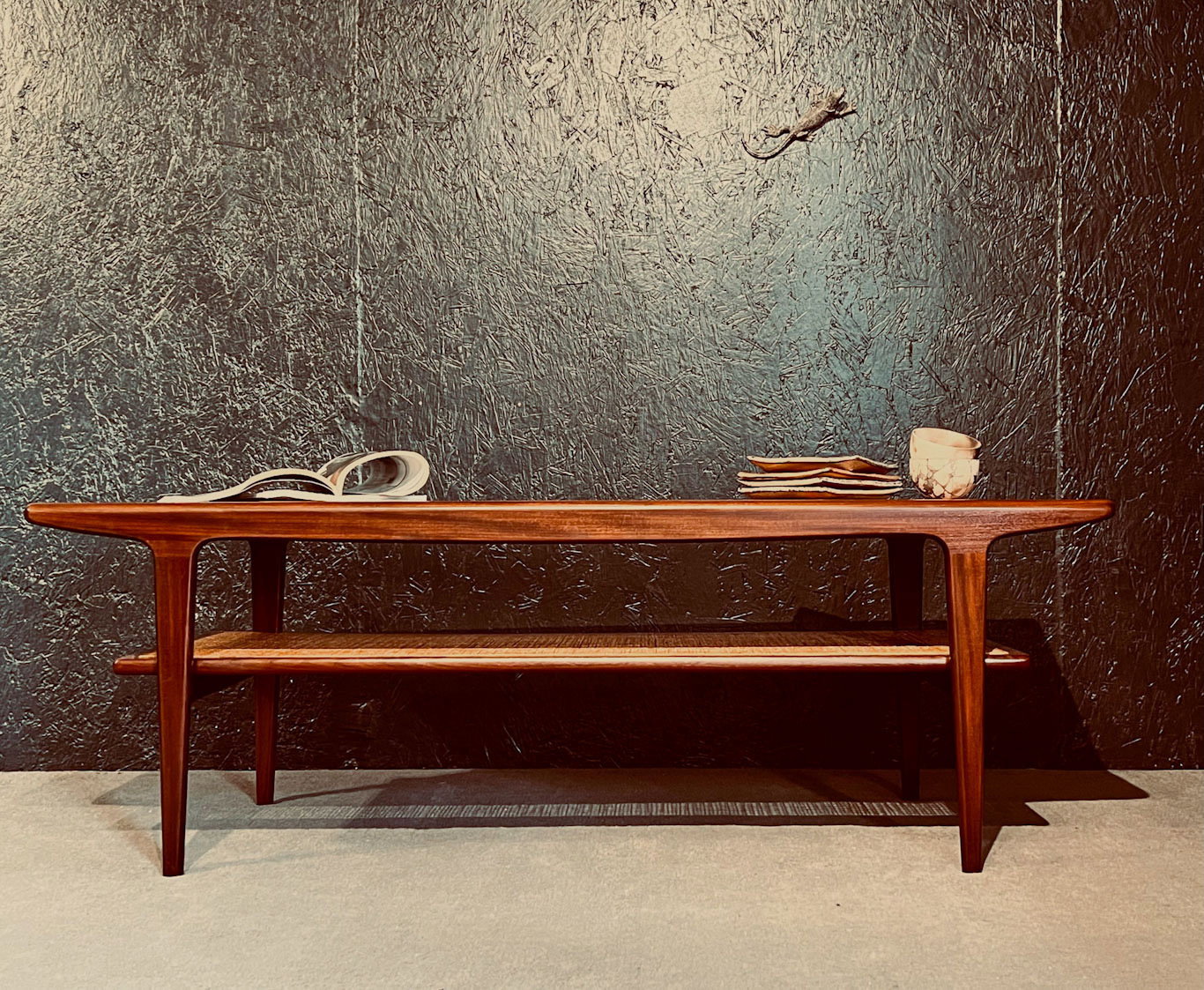 Teak Coffee Table By A Younger With A Rattan Rack