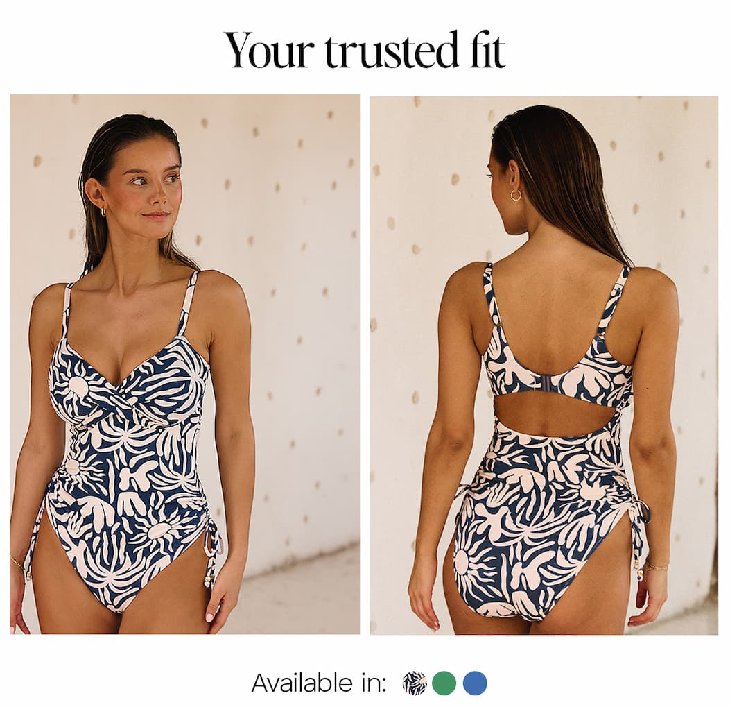 Your trusted fit: Nicola wears Rio Swimsuit in Blue multi print.