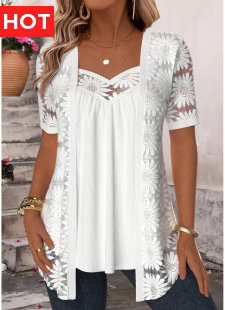 White Patchwork Short Sleeve Fake Two Piece Twinset