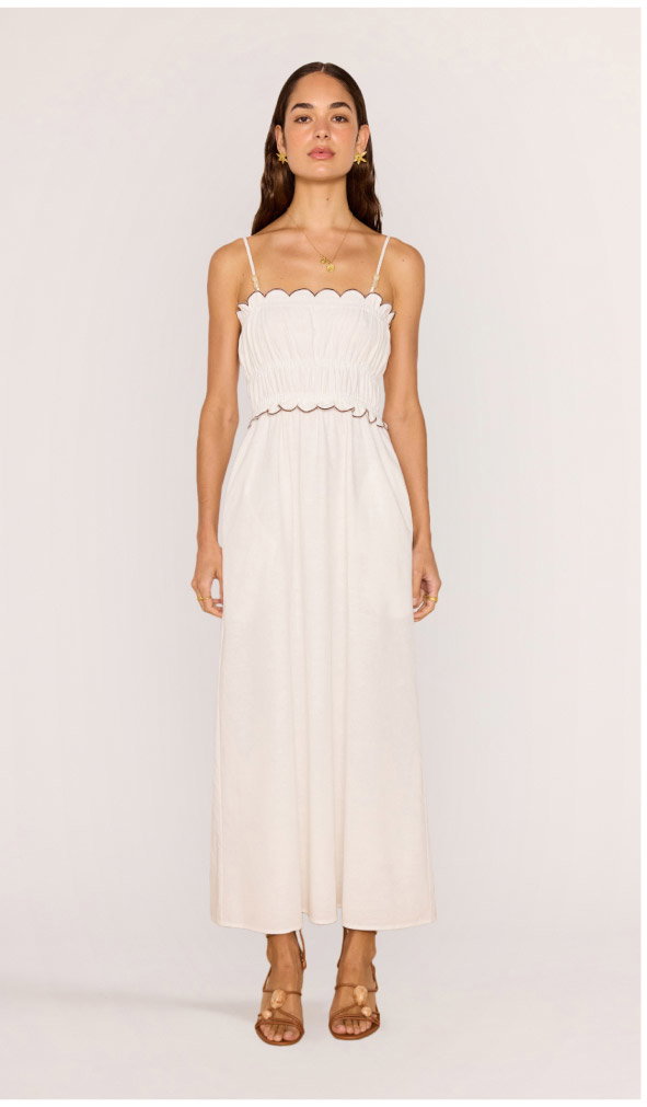 Scallop Edge Cotton White Midi Dress