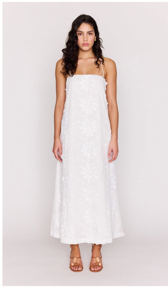 White Cotton Floral Applique Lace-Back Maxi Dress
