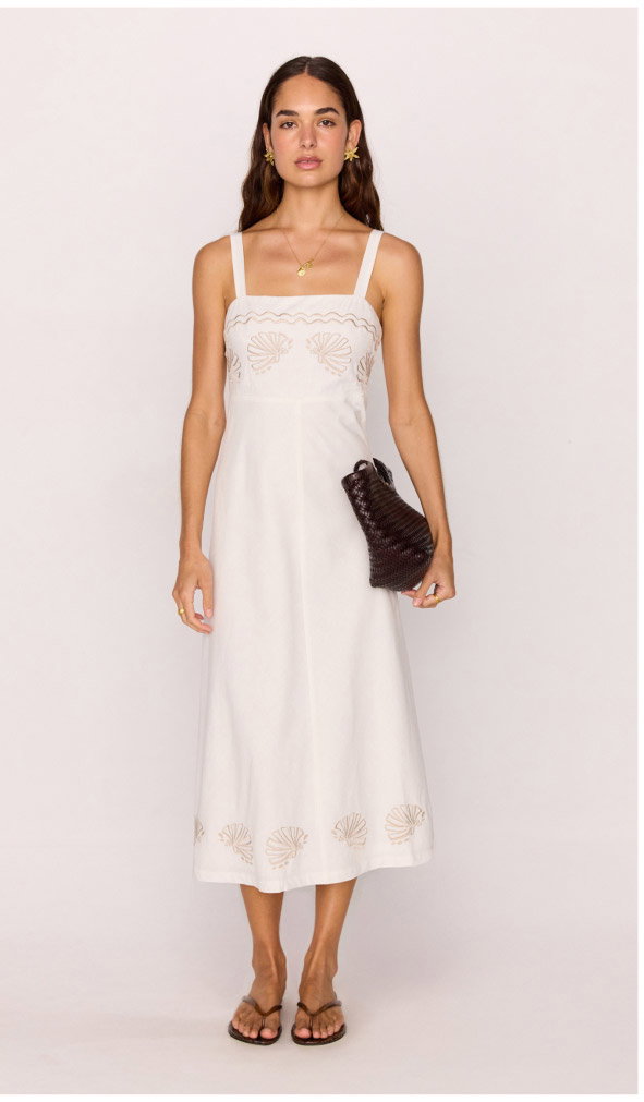 White Midi Dress with Embroidered Shell Detail