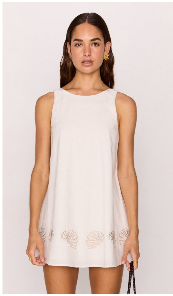 White Mini Shift Dress with Embroidered Shell Detail