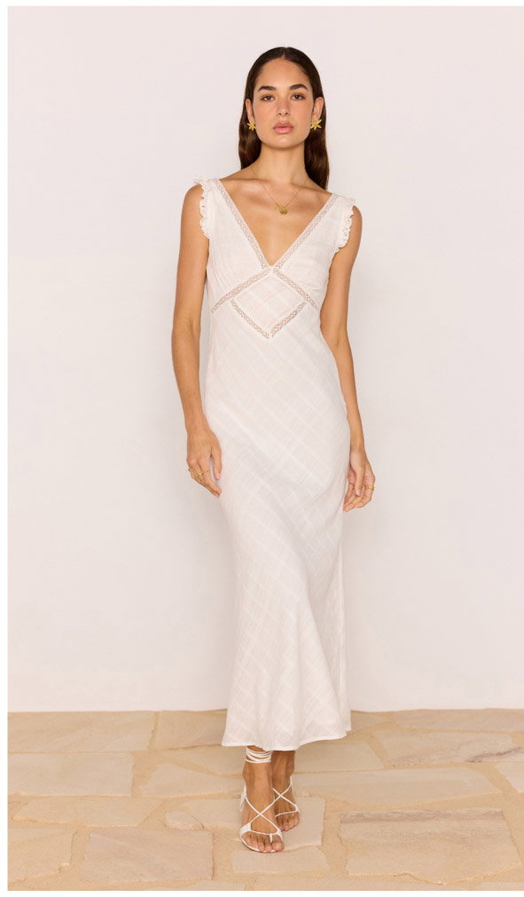 Lace Detail White Cotton Midi Dress