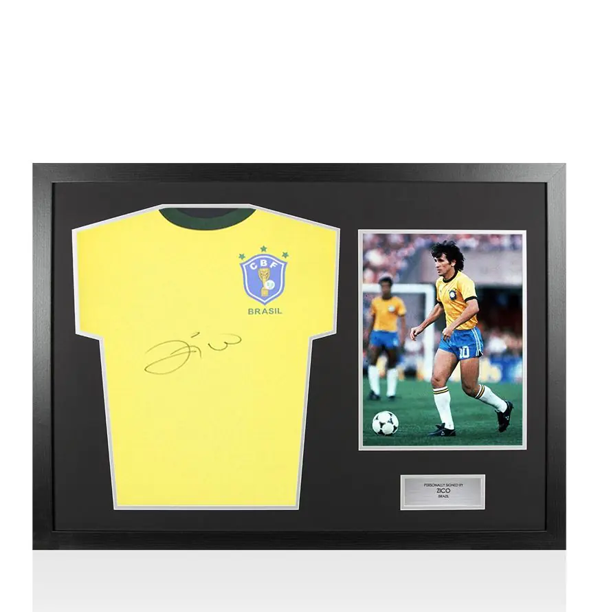 Framed Zico Signed Brazil Shirt: Home, 1982-83 - Panoramic