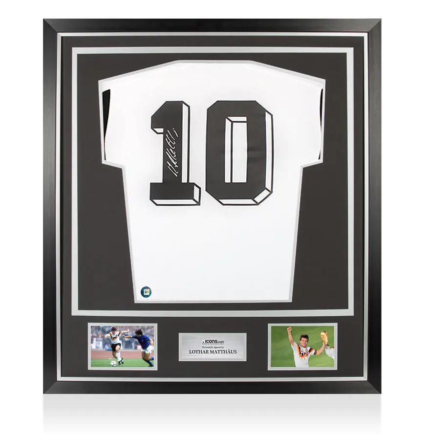 Framed Lothar Matthaus Signed Germany Shirt: Home - Premium