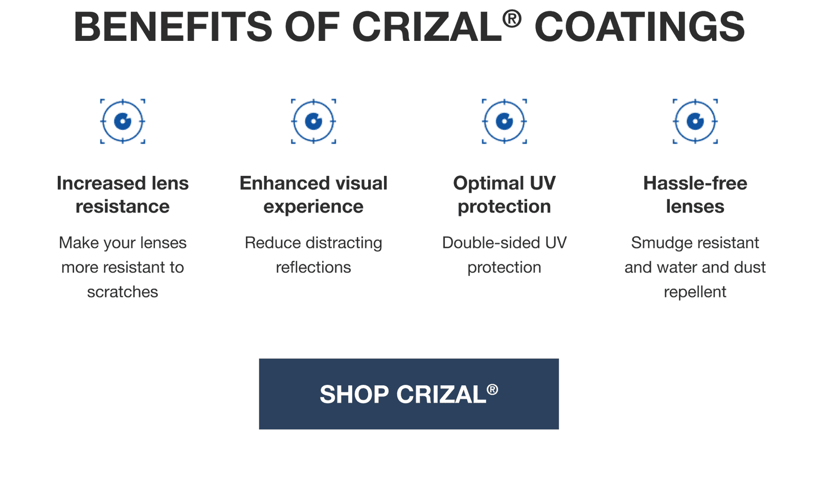 benefits of crizal® coatings-increased lens resistance/enhanced visual experience/optimal uv protection/hassle-free lenses-shop crizal