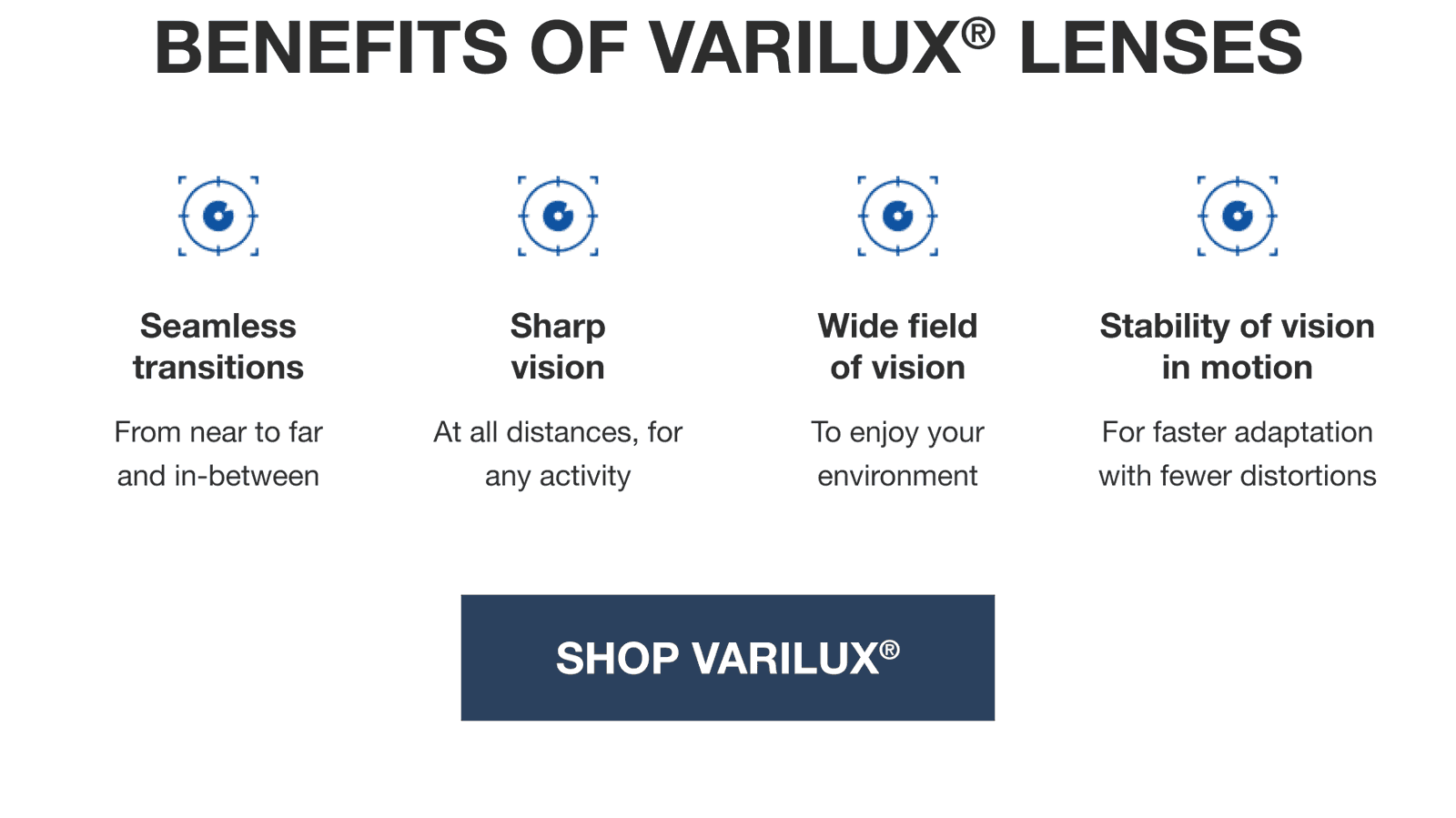 benefits of varilux® lenses-seamless transitions/sharp vision/wide field of vision/stability of vision in motion-shop varilux