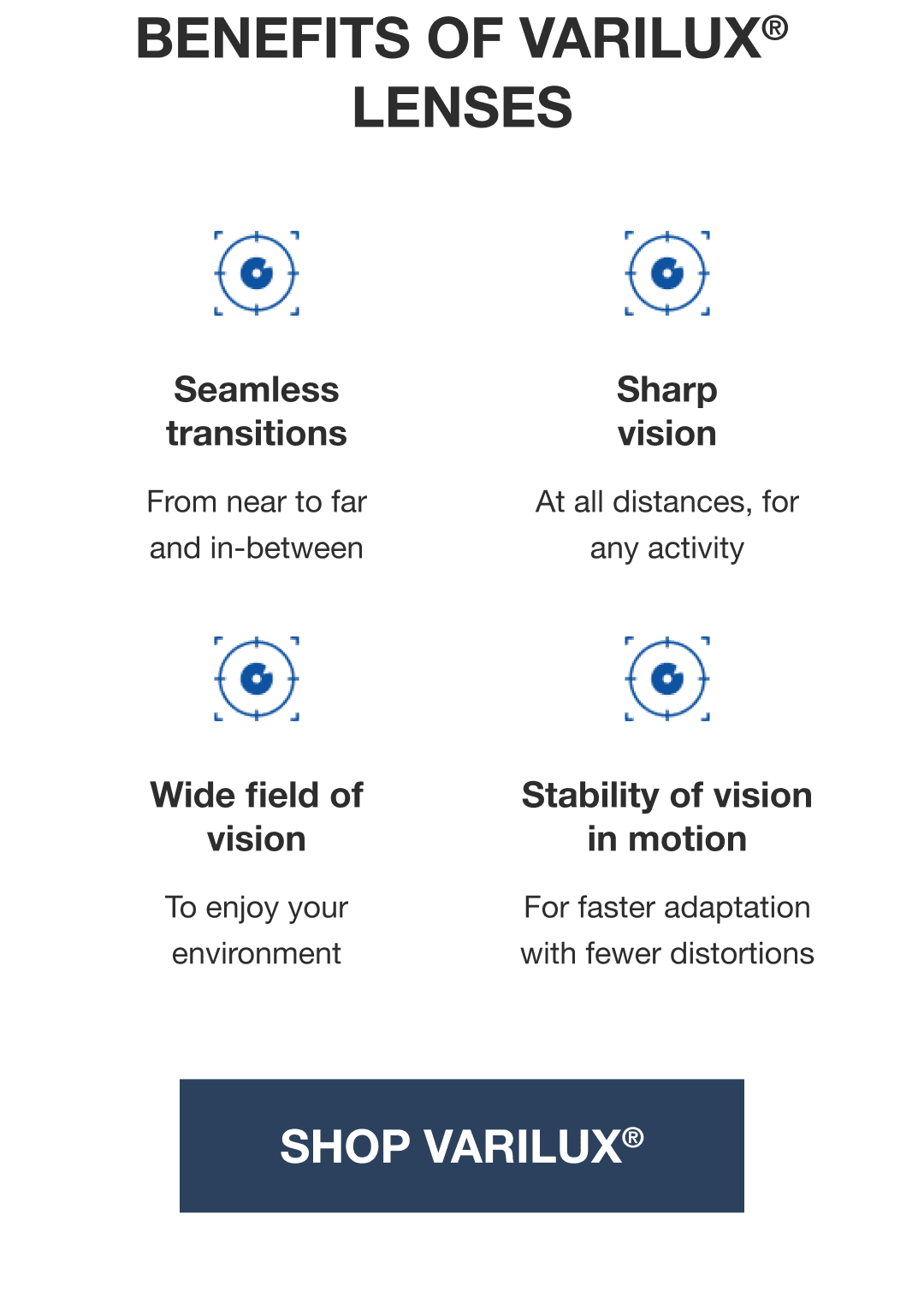 benefits of varilux® lenses-seamless transitions/sharp vision/wide field of vision/stability of vision in motion-shop varilux