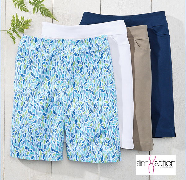 An image promoting shorts & capris at NorthStyle featuring shorts in 4 colorways, and a model wearing grey capris. The text reads: Easy to wear looks you'll reach for again and again!