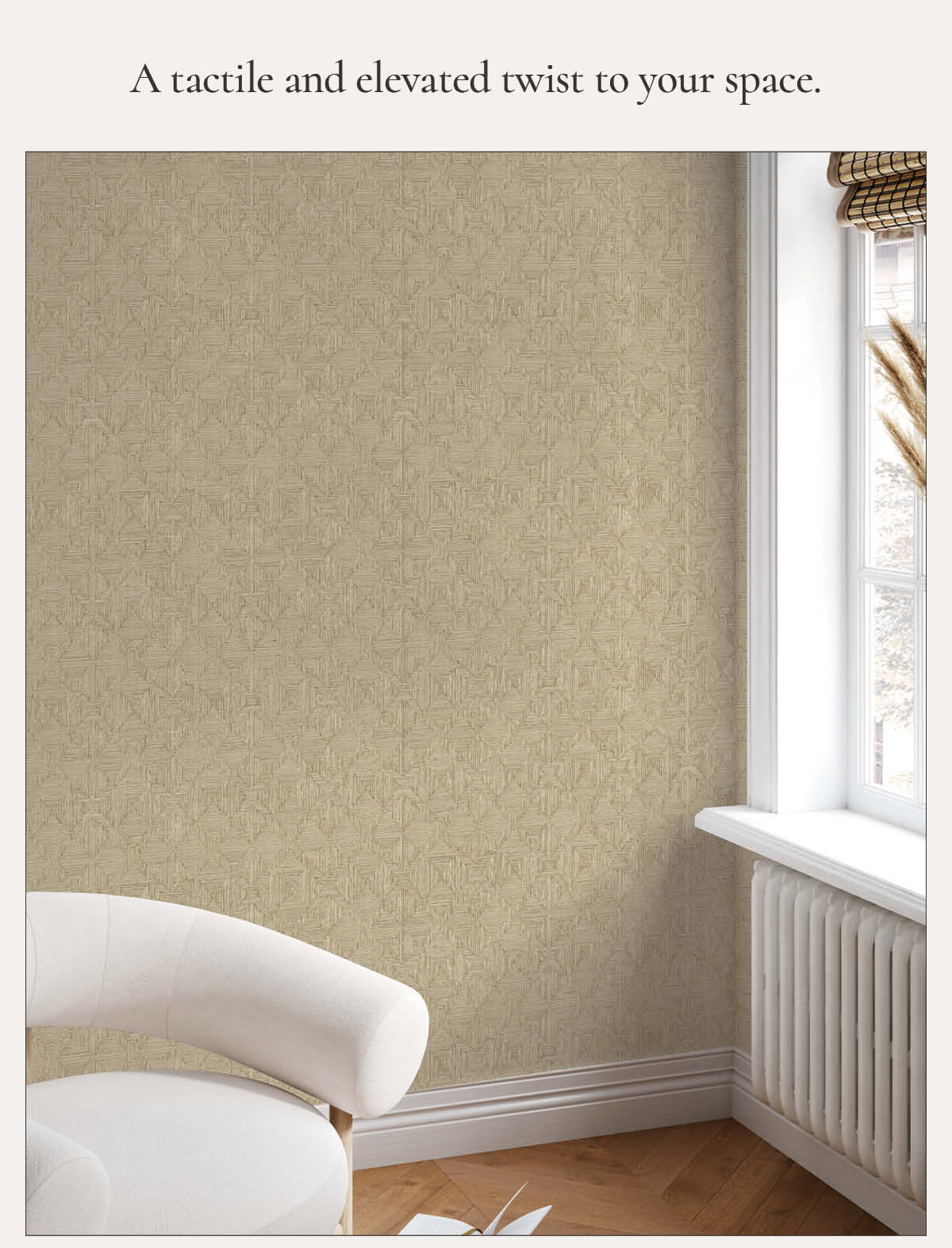 Text header of "A tactile and elevated twist to your space." Followed by an image of Tempaper's Hoffman Faux Sisal wallpaper by Jeremiah Brent.