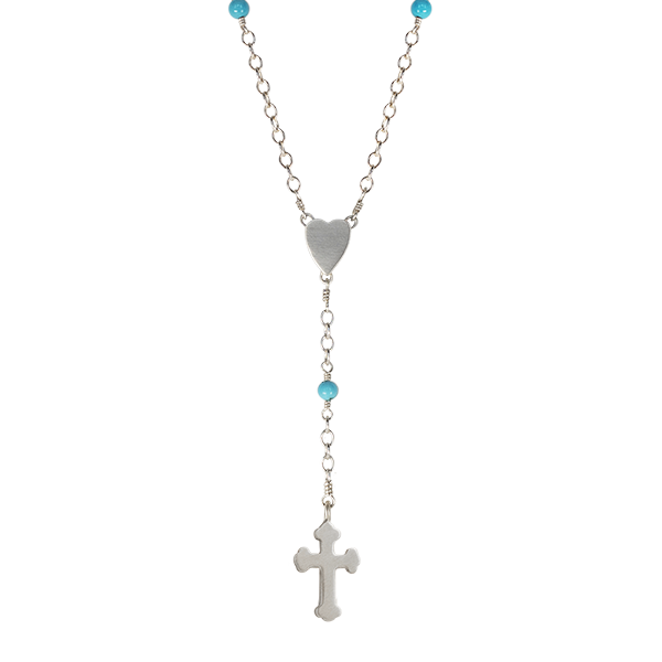 Sterling Silver Heart and Cross Rosary Necklace on Turquoise Chain