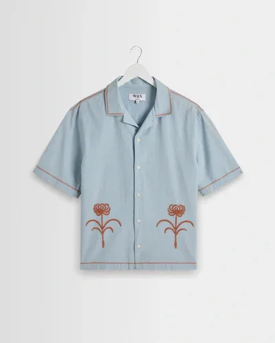 Keats - Light Blue And Rust Embroidered Short-Sleeve Shirt