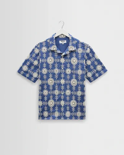 Didcot - Blue And Ecru Corded Lace Short-Sleeve Shirt