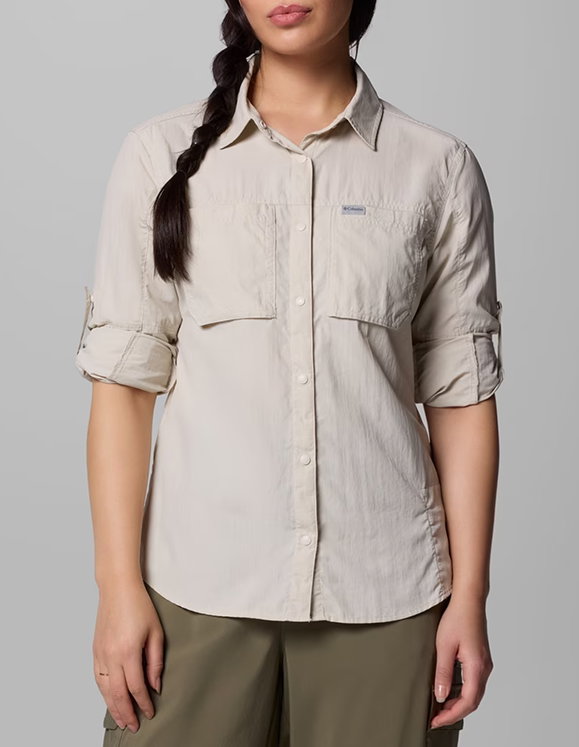 Woman in a Columbia shirt. 